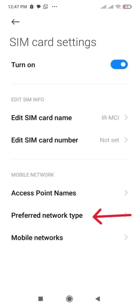 انتخاب گزینه‌ی LTE مدنظر