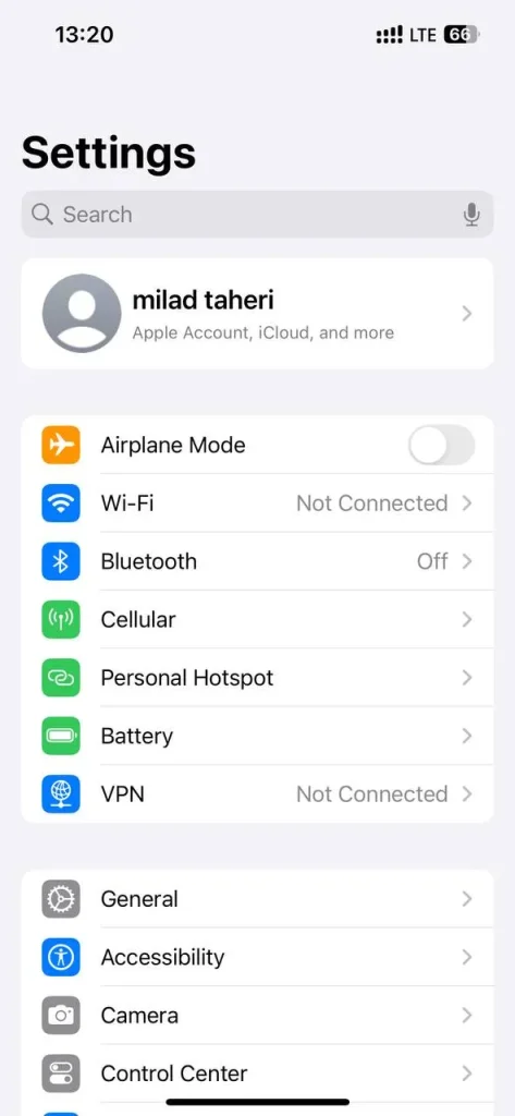 بخش تنظیمات ایفون