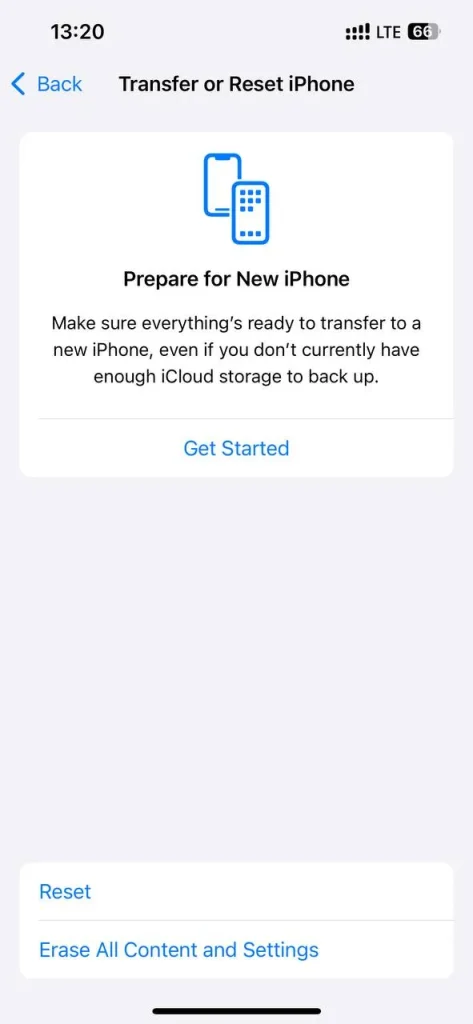 اسکرین شات بخش ریست کردن نتورک ایفون