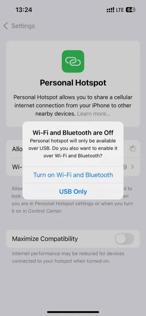 گزینه USB Only در هات اسپات ایفون
