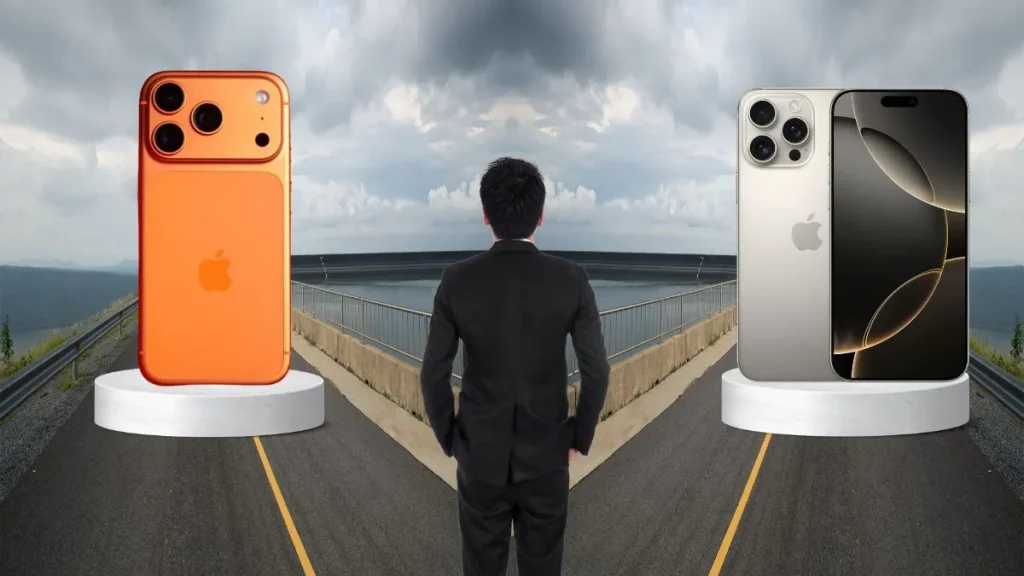 فردی در حال انتخاب بین ایفون ۱۷ پرومکس و ۱۶ پرومکس