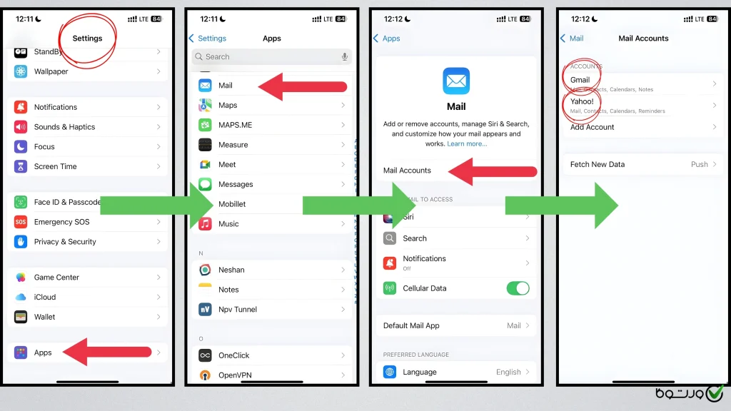 یافتن mail در آیفون از طریق منوی تنظیمات