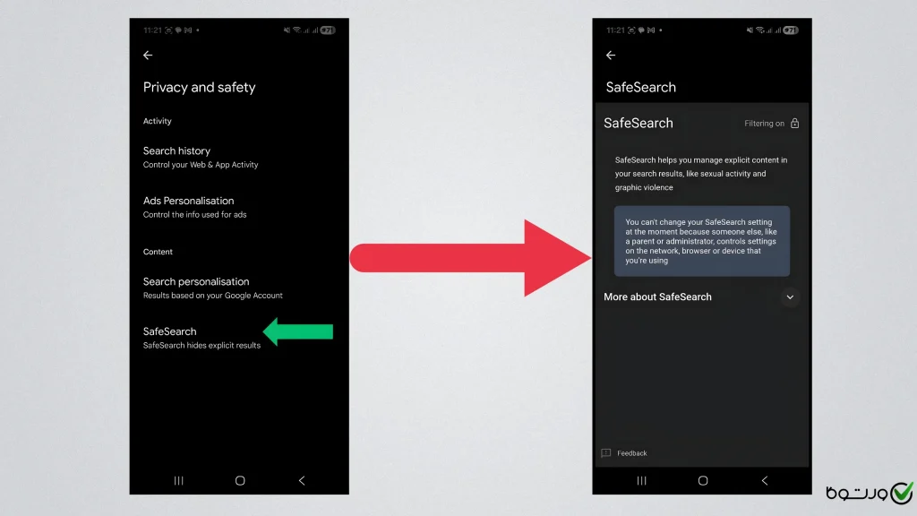 مدیریت جستجوی ایمن از طریق برنامه گوگل برای اندریود و ایفون