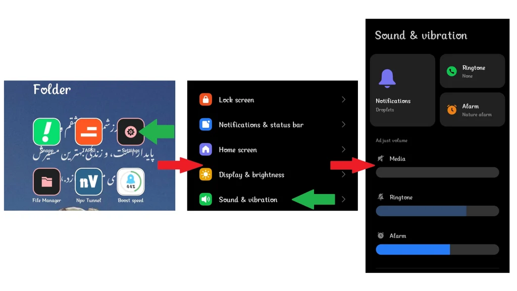 دسترسی به منوی sound and vibration برای تغییر زنگ صدای آیفون